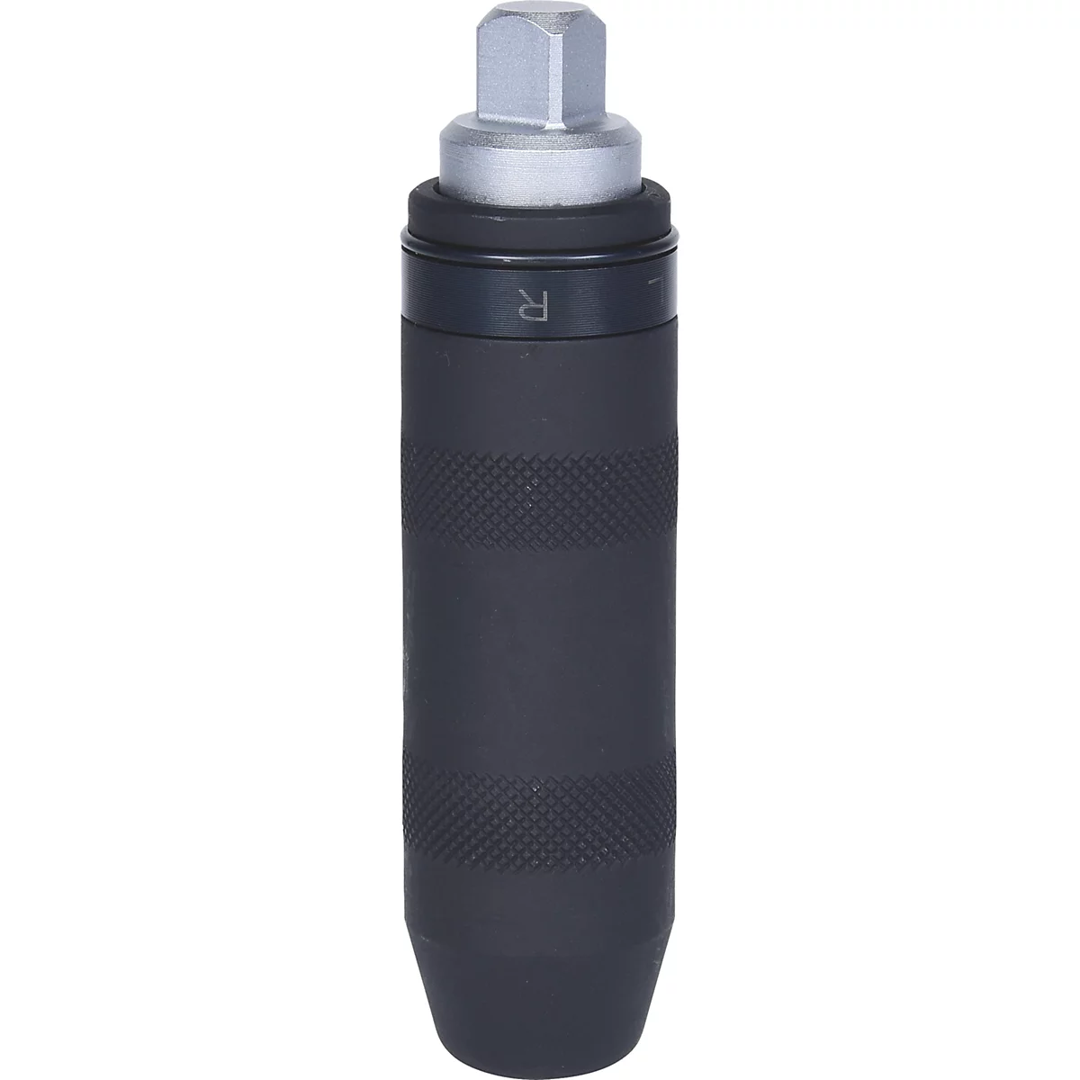 Dunkelgraues Werkzeug mit geriffelter Oberfläche und sechseckigem Kopf.